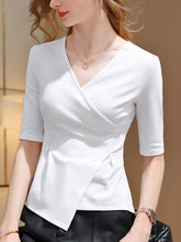Halbarm Asymmetrische Skinny Einfarbige T-Shirts Tops mit V-Ausschnitt